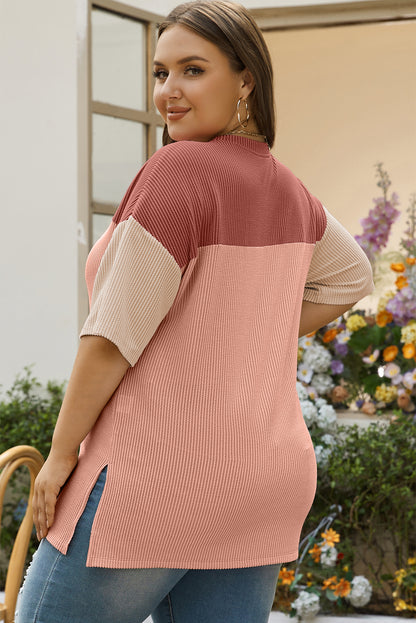 T-shirt côtelé colorblock rose grande taille