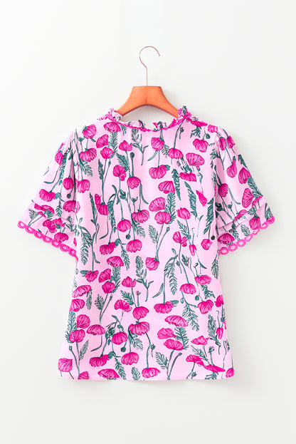 Pink Floral Lace Detail Frilled V Neck Summer Blouse