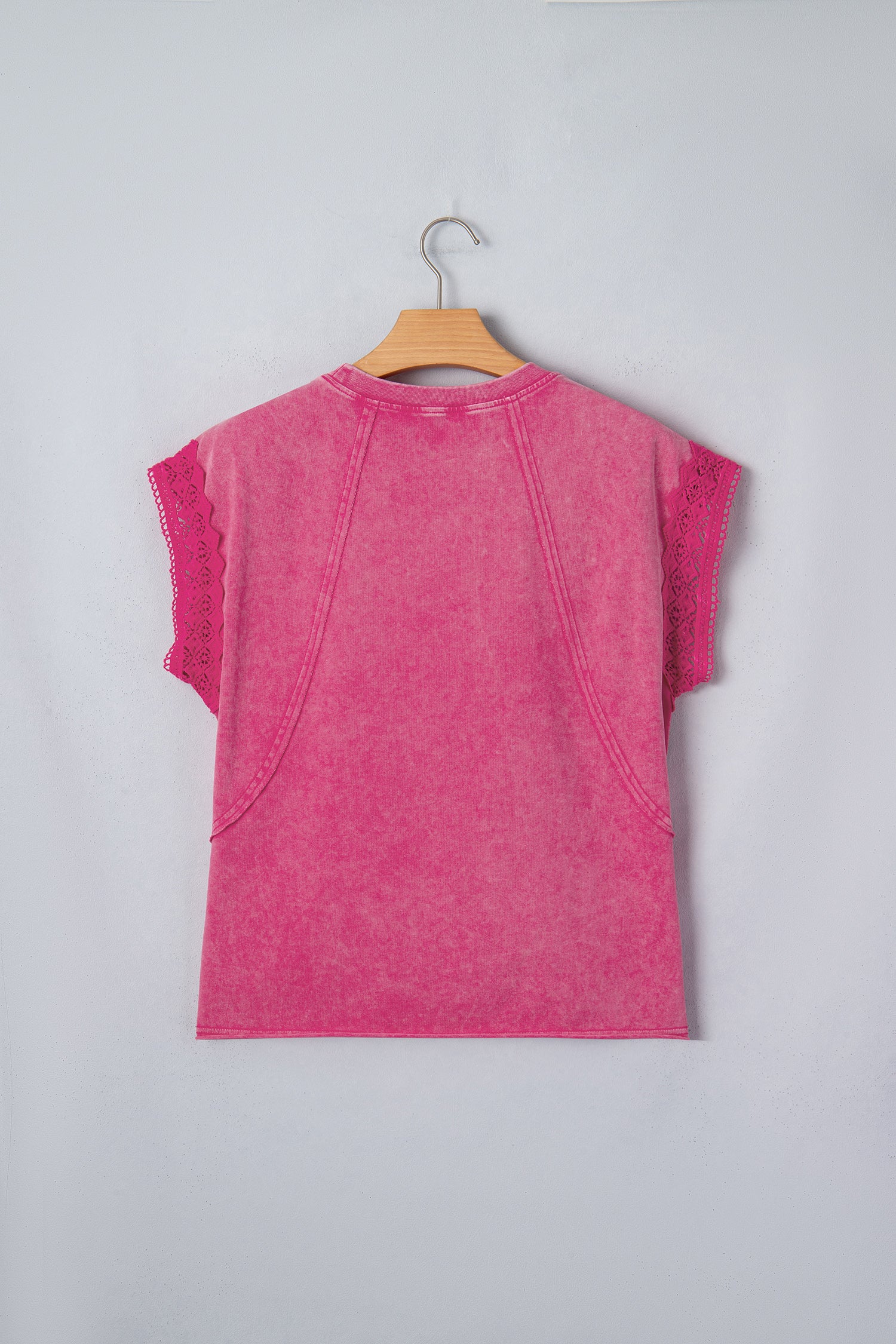 Pink Mineral Wash Raw Seam Detail Lace Trim Cap Sleeve Top