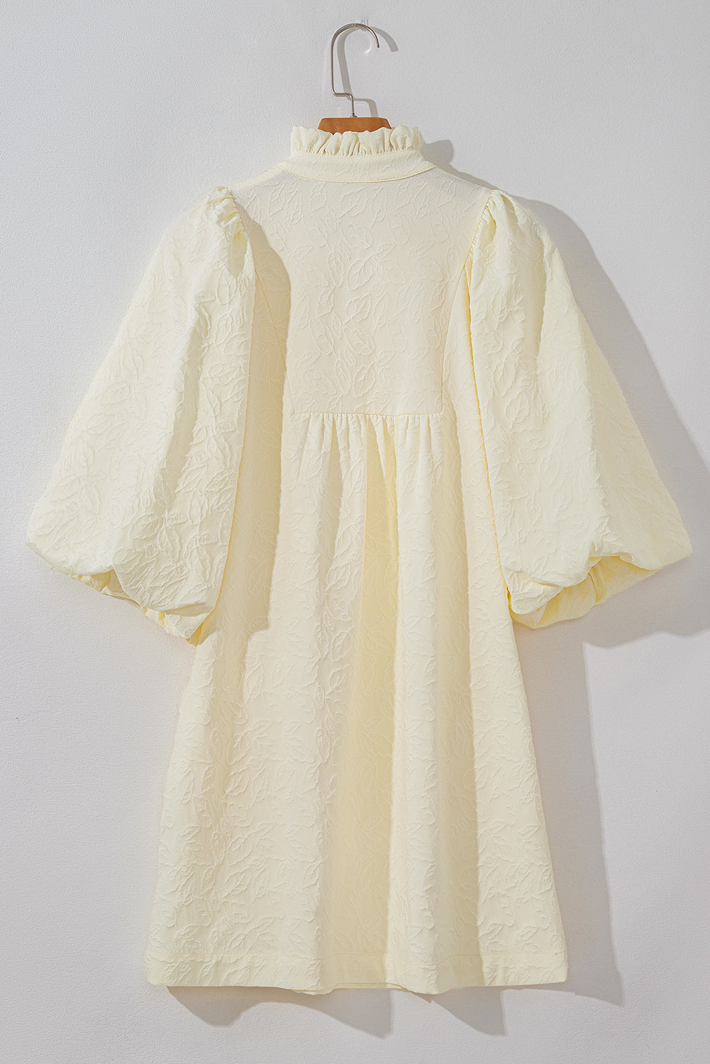 White Floral Textured Bubble Sleeve Frilled Notched Neck Dress