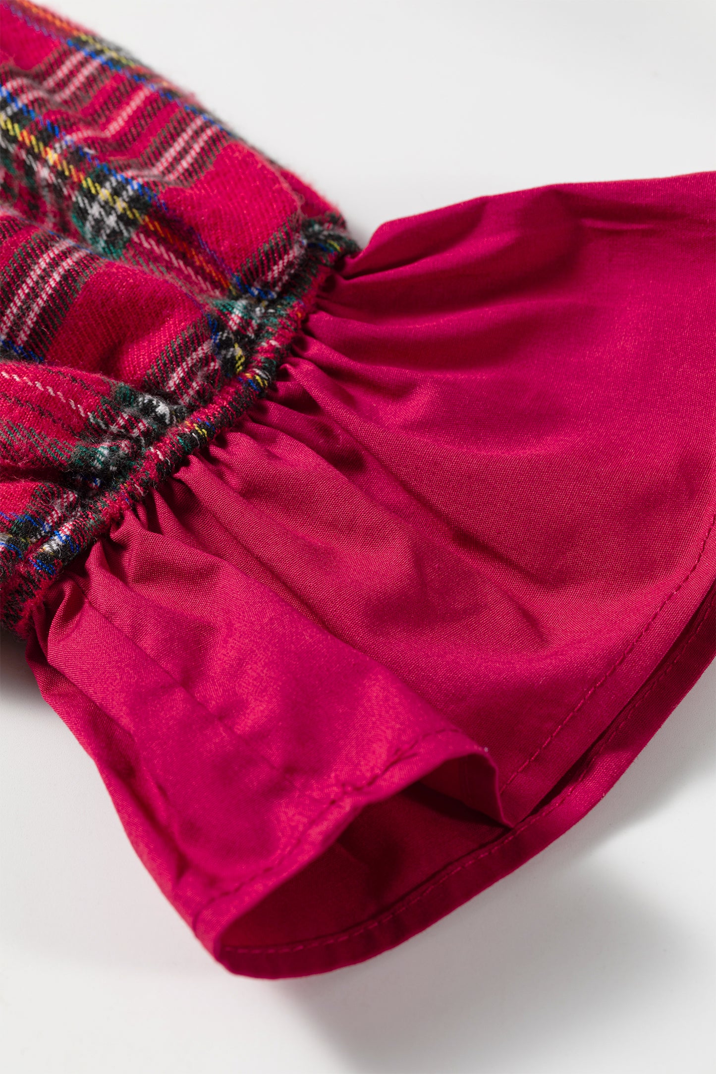 Red Plaid Tie Neck Ruffle Cuffs Long Sleeve Shift Blouse
