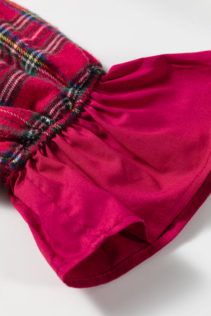Red Plaid Tie Neck Ruffle Cuffs Long Sleeve Shift Blouse