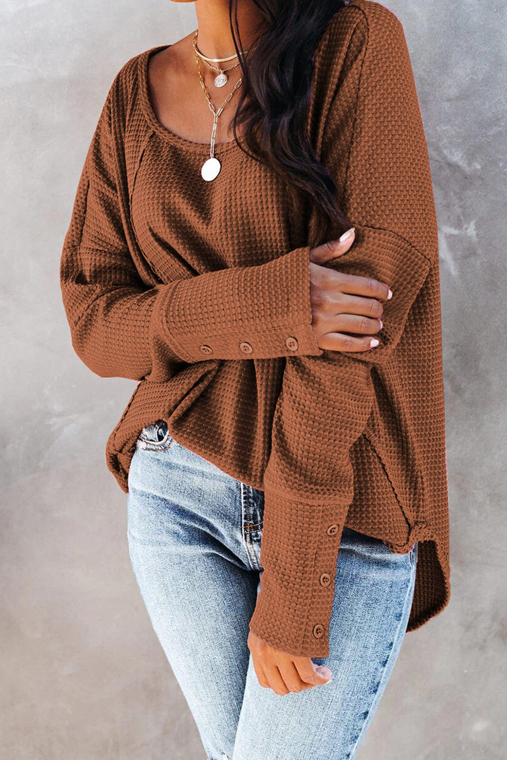 Waffle Knit Splicing Buttons Long Sleeve Top