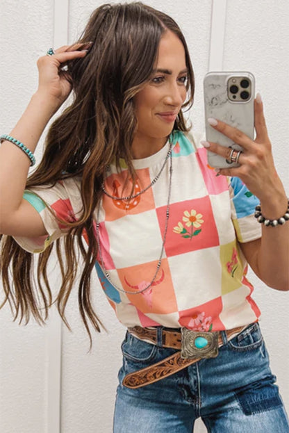 T-shirt à col rond orange à imprimé carreaux Western Fashion