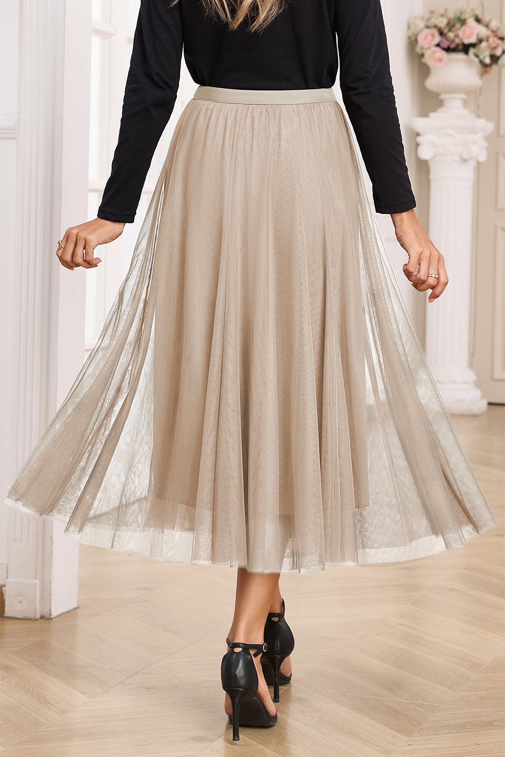 Apricot Tulle Mesh Overlay Flared Midi Skirt