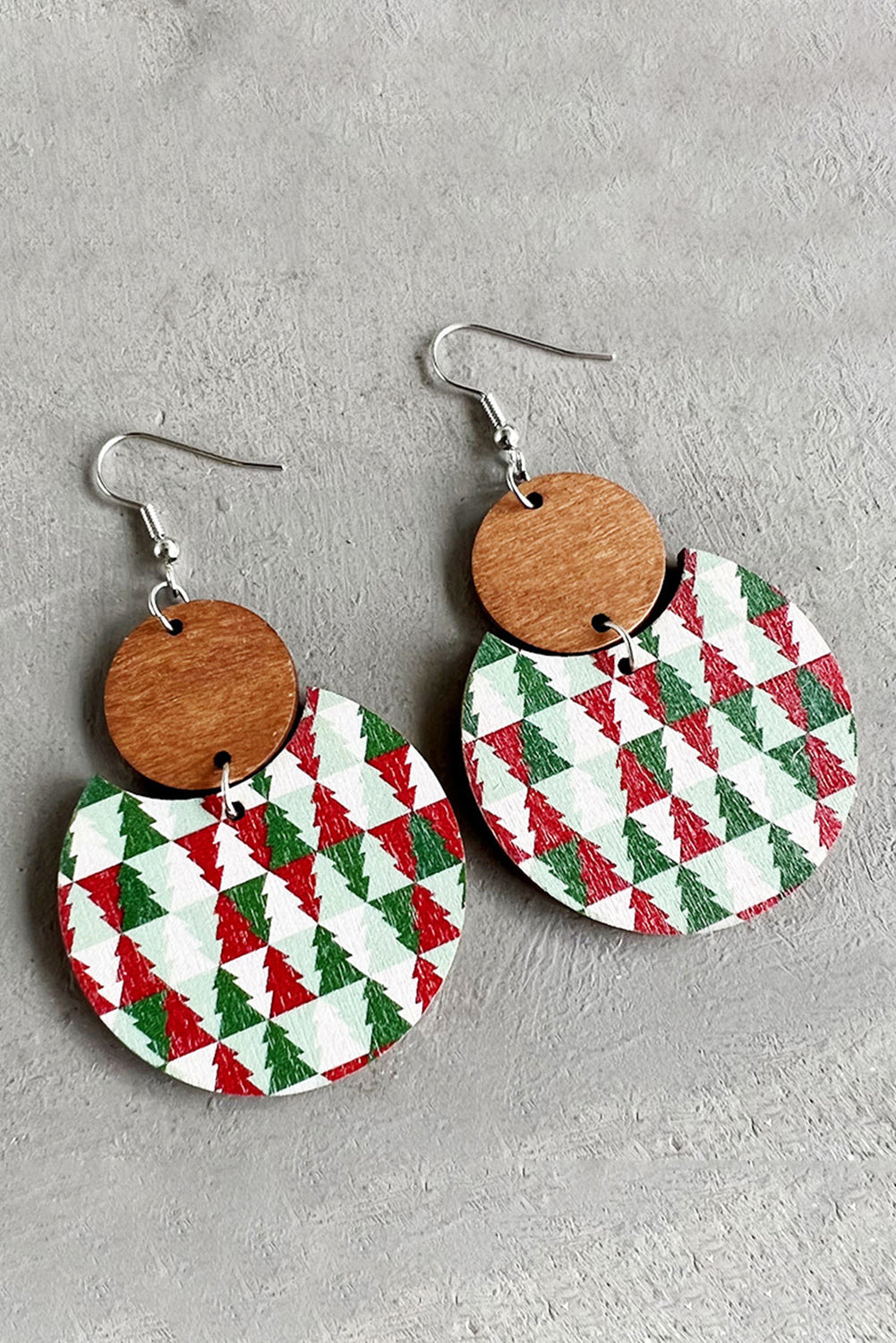 Boucles d'oreilles en bois à motif damier de Noël vert foncé 