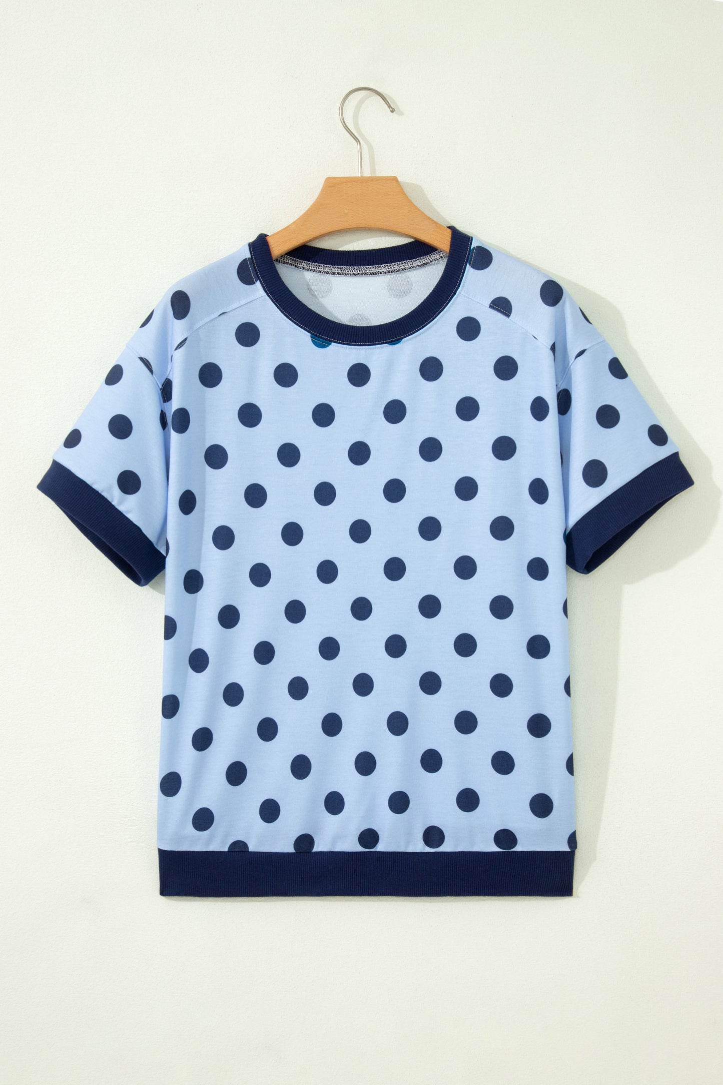 Blue Color Block Trim Polka Dot Casual Tee
