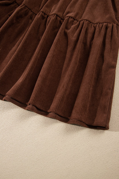 Coffee Winter Corduroy V Neck Long Sleeve Plus Size Mini Dress