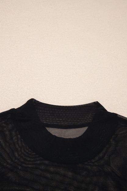 Black Sheer Mesh Patchwork Cap Sleeve T Shirt