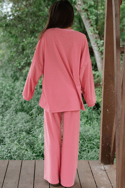 Pink Striped Drop Shoulder Long Sleeve Pant Set