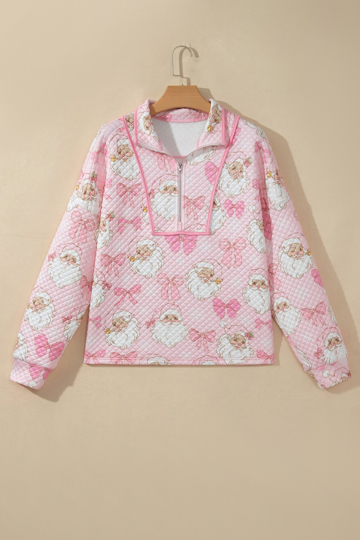 Pink Abstract Christmas Print Zip-Up Collar Long Sleeve Sweatshirt