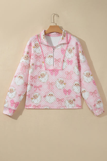 Pink Abstract Christmas Print Zip-Up Collar Long Sleeve Sweatshirt
