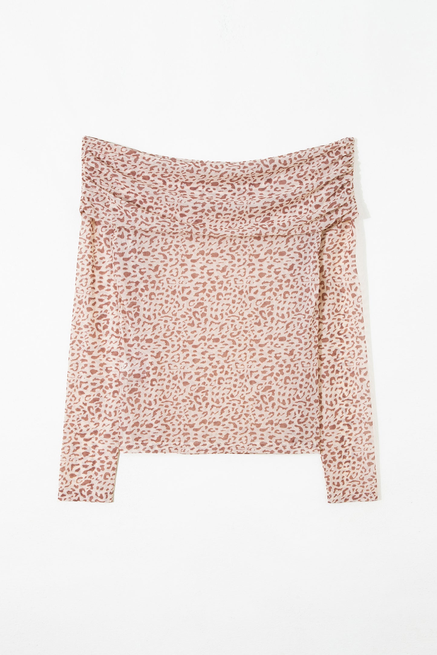 Brown Leopard Print Foldover Off Shoulder Long Sleeve Mesh Top
