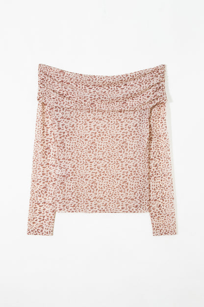 Brown Leopard Print Foldover Off Shoulder Long Sleeve Mesh Top