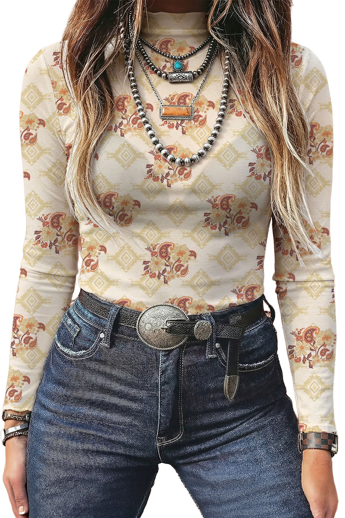 Apricot Floral Print Slim Fit Mesh Long Sleeve Mock Neck Top