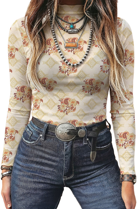 Apricot Floral Print Slim Fit Mesh Long Sleeve Mock Neck Top