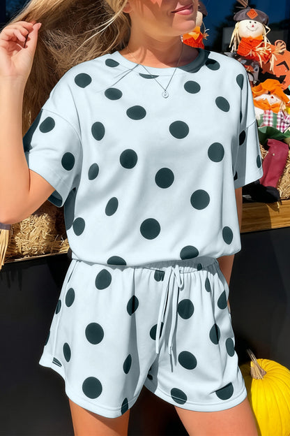 Black Polka Dot Print Loose Tee Drawstring Elastic Waist Short Set