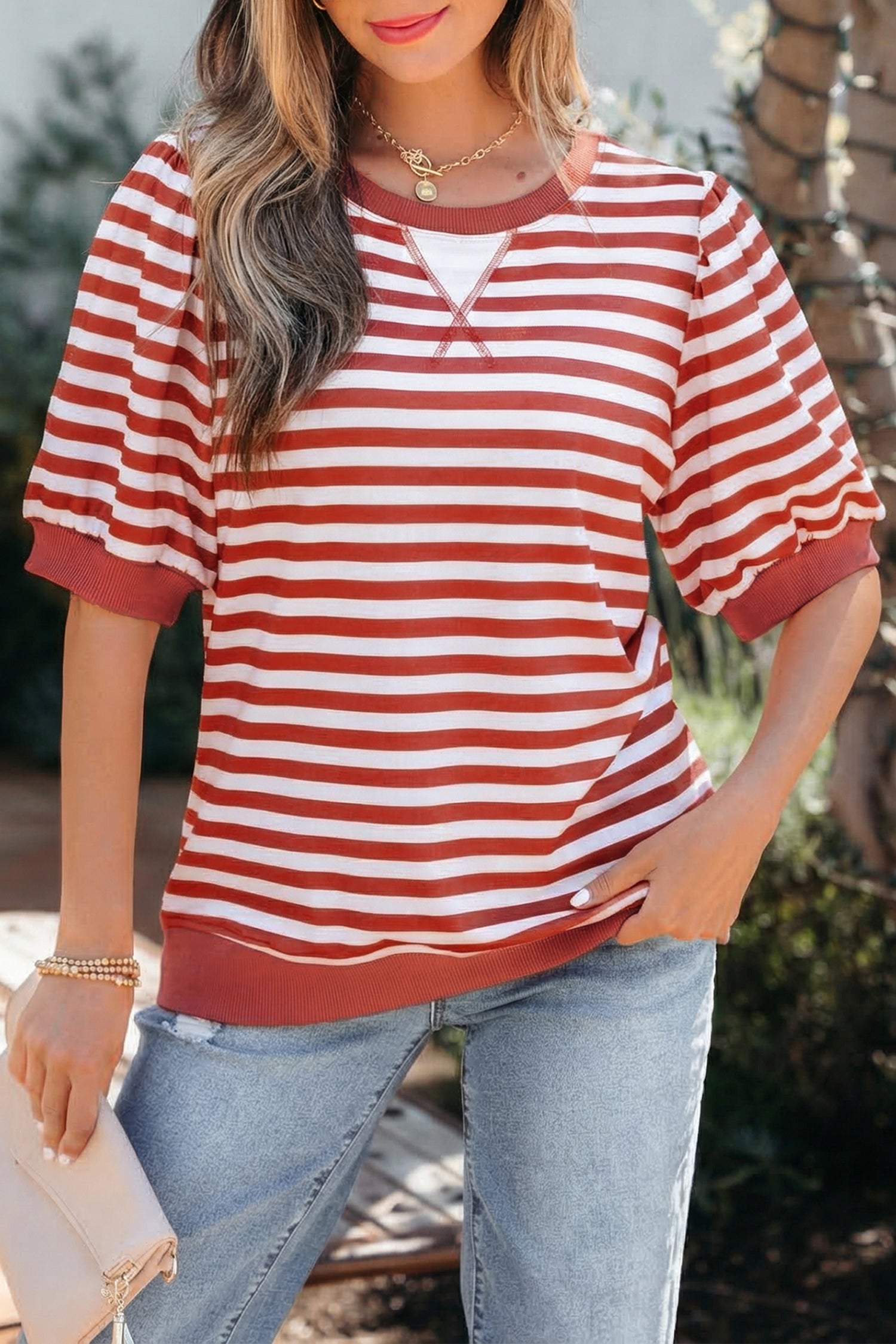 Orange Stripe Short Bubble Sleeve T Shirt