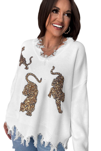 Pull tigre blanc à paillettes effilochées