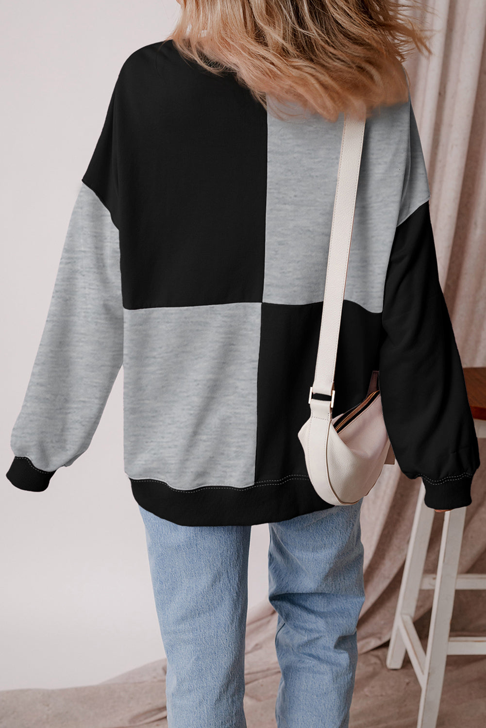 Color black Colorblock Henley High Low Oversize Sweatshirt