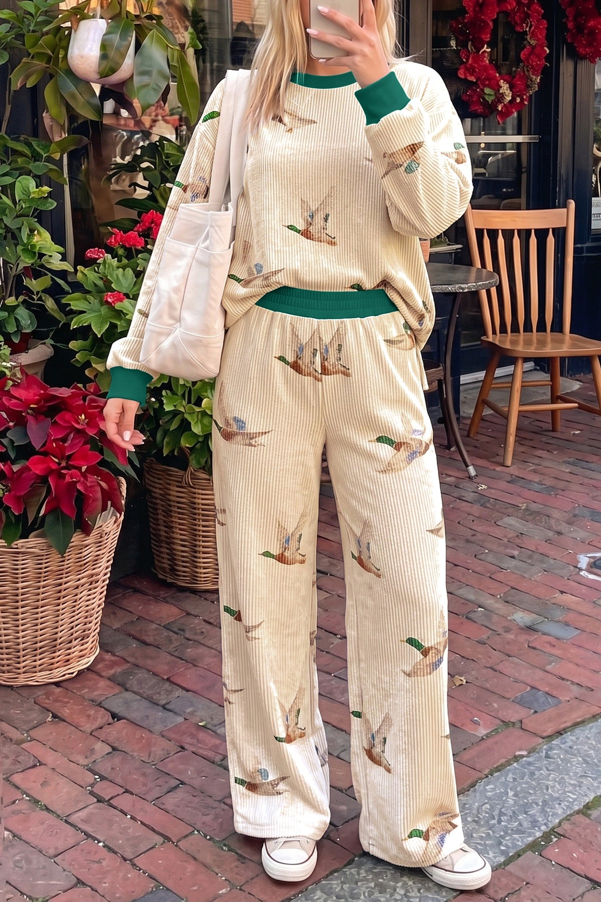 Beige Mallard Duck Print Twisted Rib Long Sleeve Two Piece Pants Sets