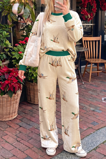 Beige Mallard Duck Print Twisted Rib Long Sleeve Two Piece Pants Sets
