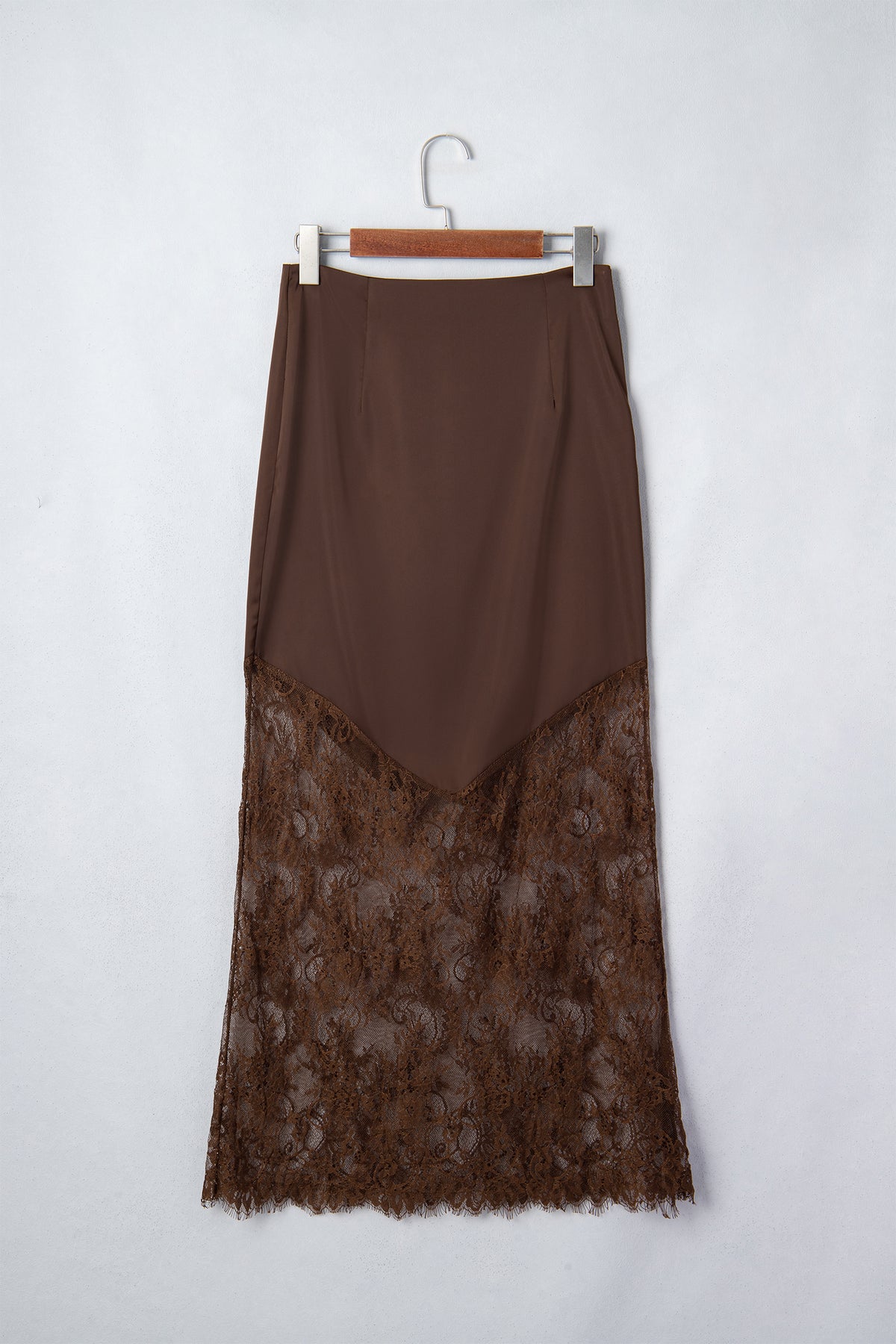 Dark Brown Lace Patchwork Hem Long Casual Shift Skirt