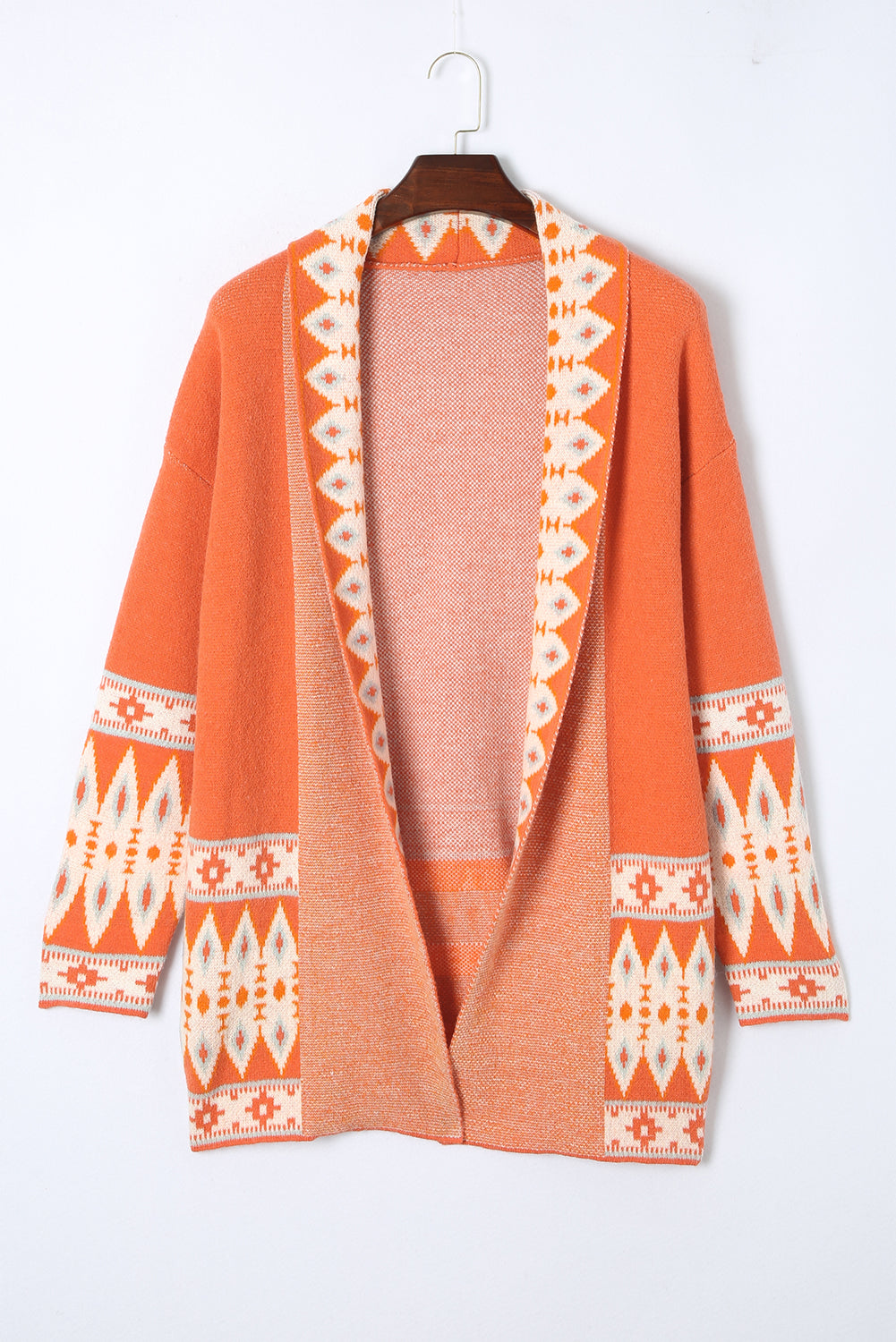 Cardigan ouvert en maille orange à imprimé aztèque