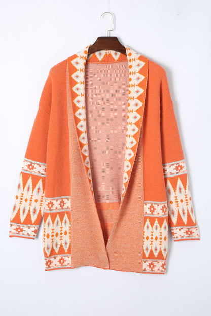 Cardigan ouvert en maille orange à imprimé aztèque