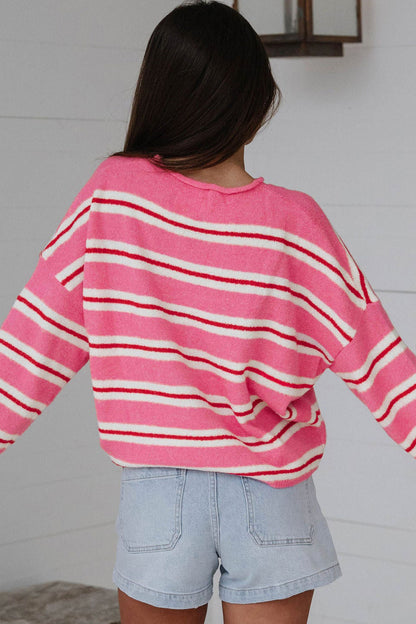 Pink Stripe Striped Drop Shoulder Button Cardigan