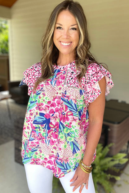 Chemisier rose à manches courtes et volants, imprimé floral mixte