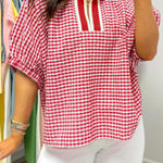 Red Plaid Short Sleeve Colorblock Trim Split Neck Blouse