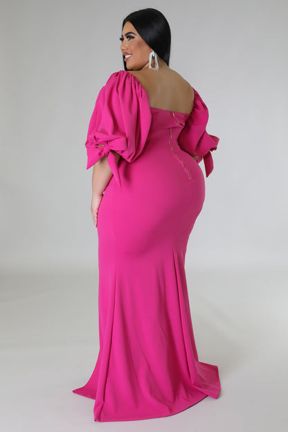 Bow Tie Puff Sleeve Plus Size High Slit Maxi Dress