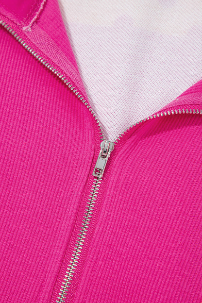 Pink Stripe Patchwork Polka Dot Accent Quarter Zip Long Sleeve Top