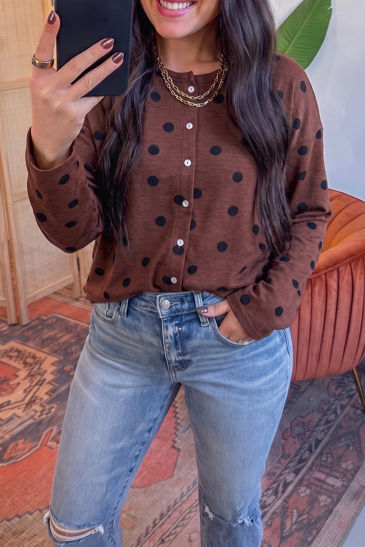 Brown Polka Dot Button Front Long Sleeve Casual Shirt