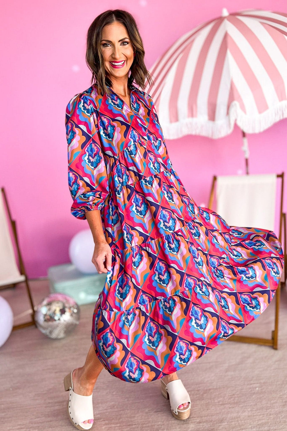 Multicolor Abstract Geometric Print Long Sleeve High Waist Dress