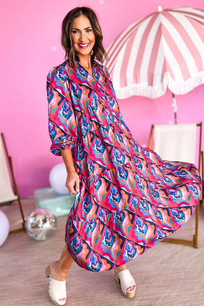 Multicolor Abstract Geometric Print Long Sleeve High Waist Dress