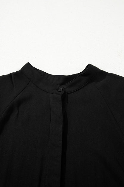 Black Hidden Buttons Short Sleeve Ruffle Tiered Long Flared Dress