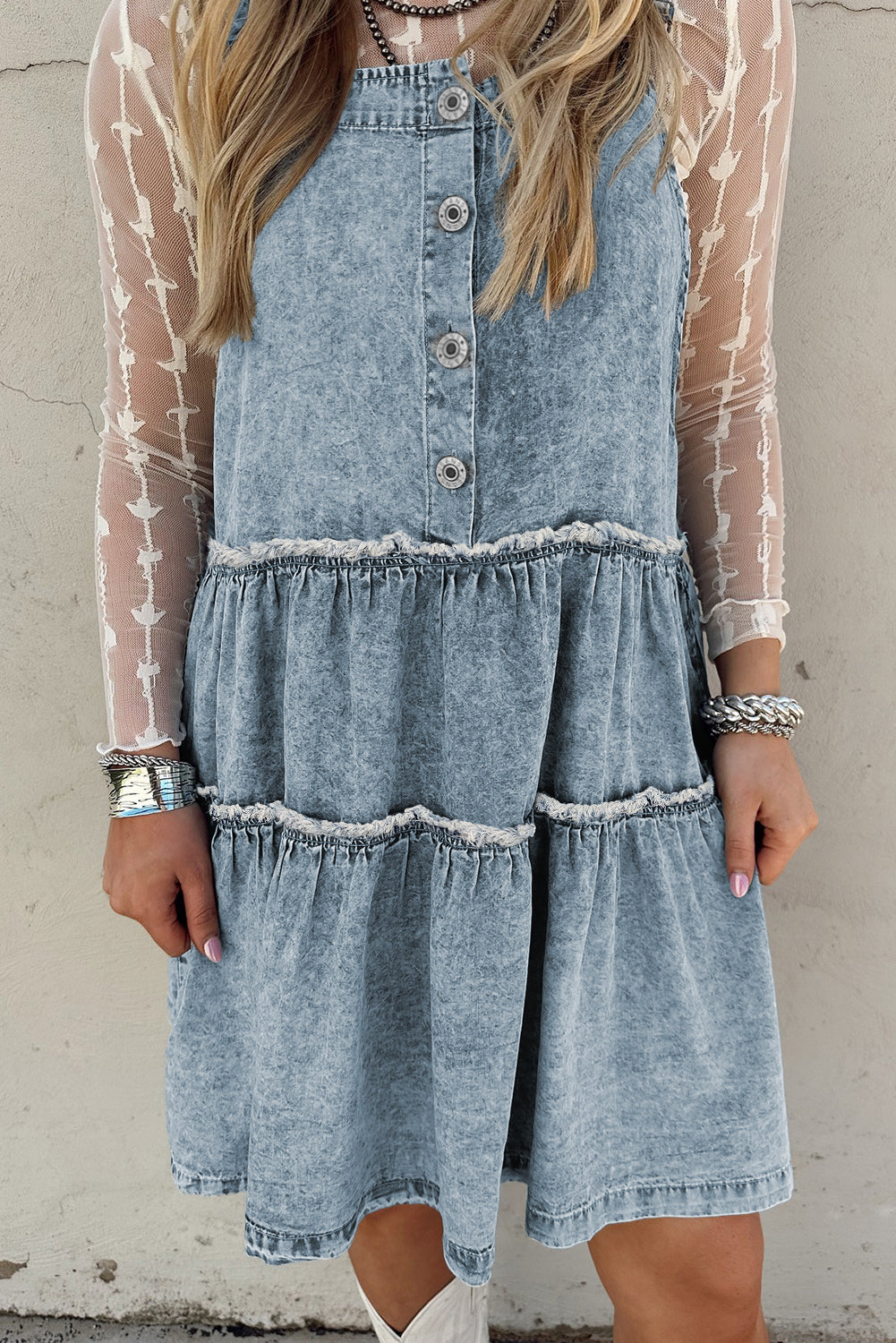 Sunny Angela Women's Washed Denim Tiered Flowy Western Overall Mini Dress - Sunny Angela Dusk Blue / XL Sunny Angela Women's Washed Denim Tiered Flowy Western Overall Mini Dress - Sunny Angela Dusk Blue / XL