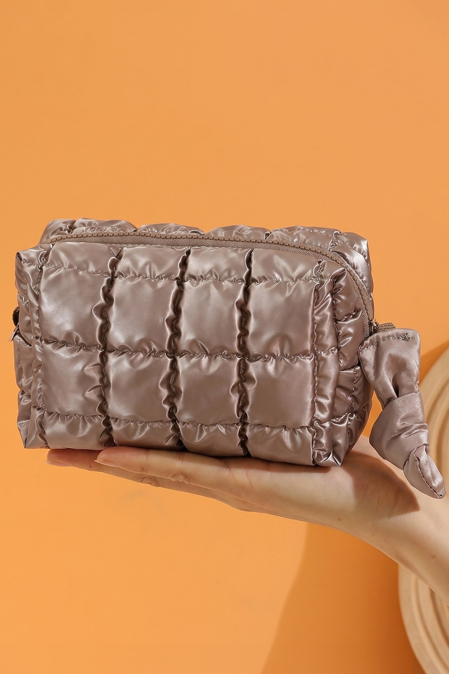 Coffee Solid Color Quilted Nylon Makeup Bag