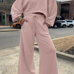 Light Pink Drop Shoulder Puff Sleeve Crop Pullover Drawstring Wide Leg Pants Set