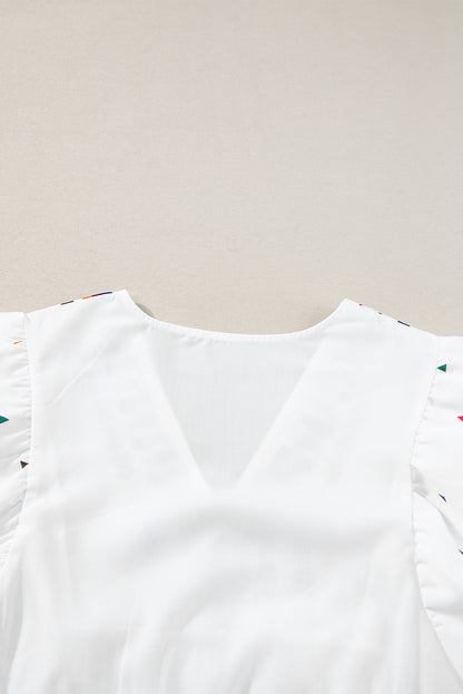 White Embroidered Puff Sleeve V Neck Blouse