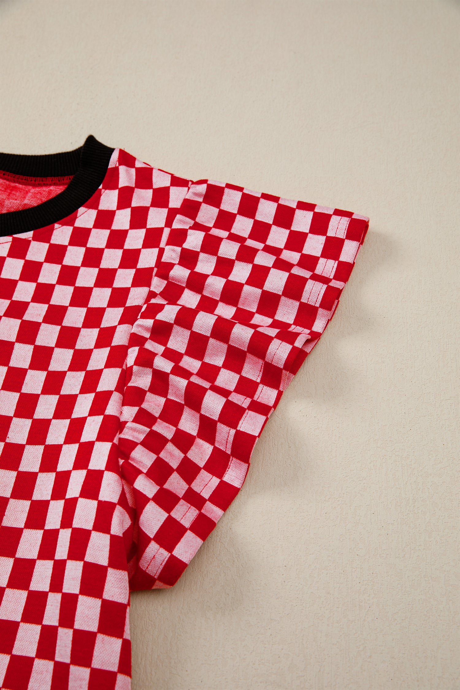 Red Checkered Print Ruffle Short Sleeve Contrast Trim Round Neck Top