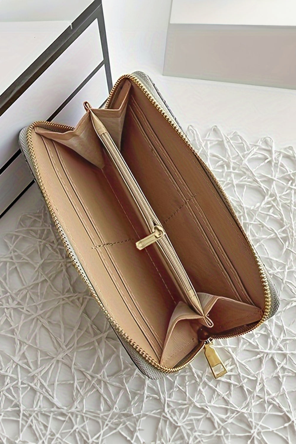 Portefeuille long gris moyen tissé texturé zippé