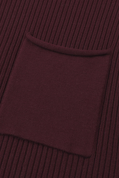 Black Patch Pocket Ribbed Knit Short Sleeve Sweater