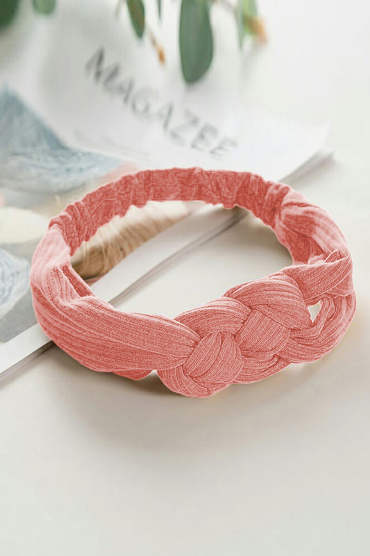 Pink Solid Ribbed Braided Wide Elastic Headband