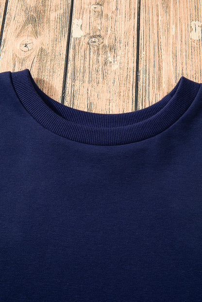 Navy Blue Solid O Neck High Low Hem Pullover Sweatshirt