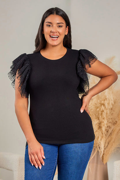 Haut en maille côtelée à volants et manches en maille à pois