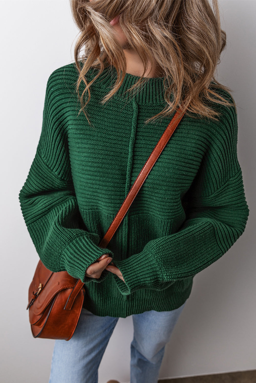 Pull ras du cou à manches lanternes en tricot texturé vert noirâtre