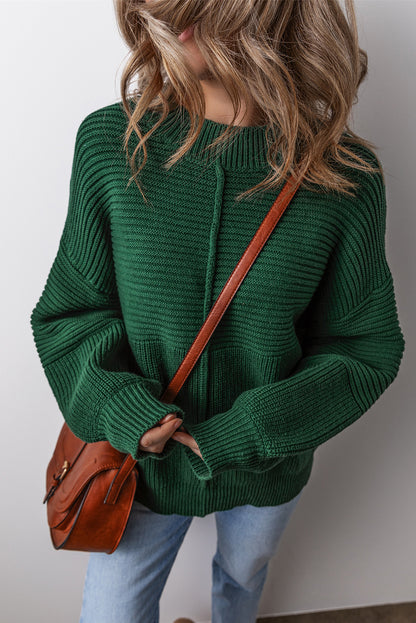 Pull ras du cou à manches lanternes en tricot texturé vert noirâtre